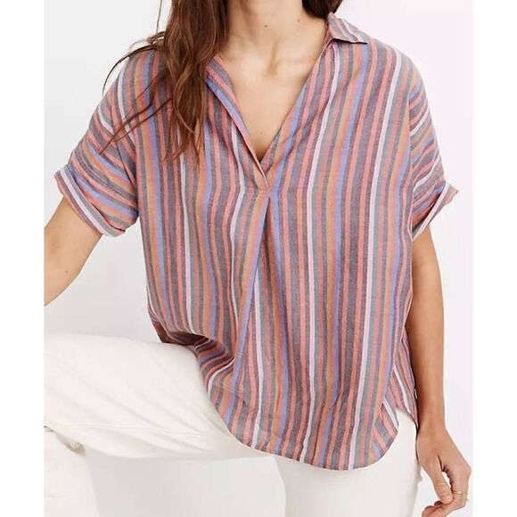 Madewell Women's V-Neck Multicolor Stipe Button-Back Courier Pullover Blouse Siz - Picture 9 of 10